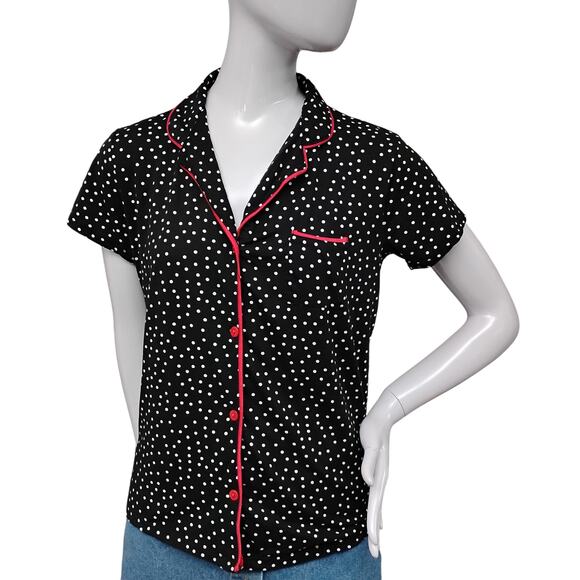 Joan Vass Pajama Tops Size Medium Black and White Polka Dot Button Down - Picture 1 of 8